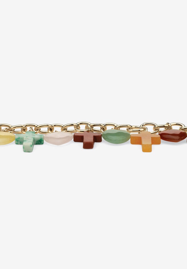 Genuine Agate Gold Tone Cross and Heart Charm Bracelet plus 1/2 inches Extender, , on-hover image number 1