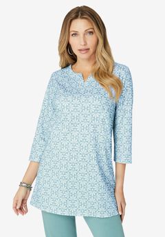 Plus Size Three-Quarter Sleeve Notch Neck Soft Knit Tunic