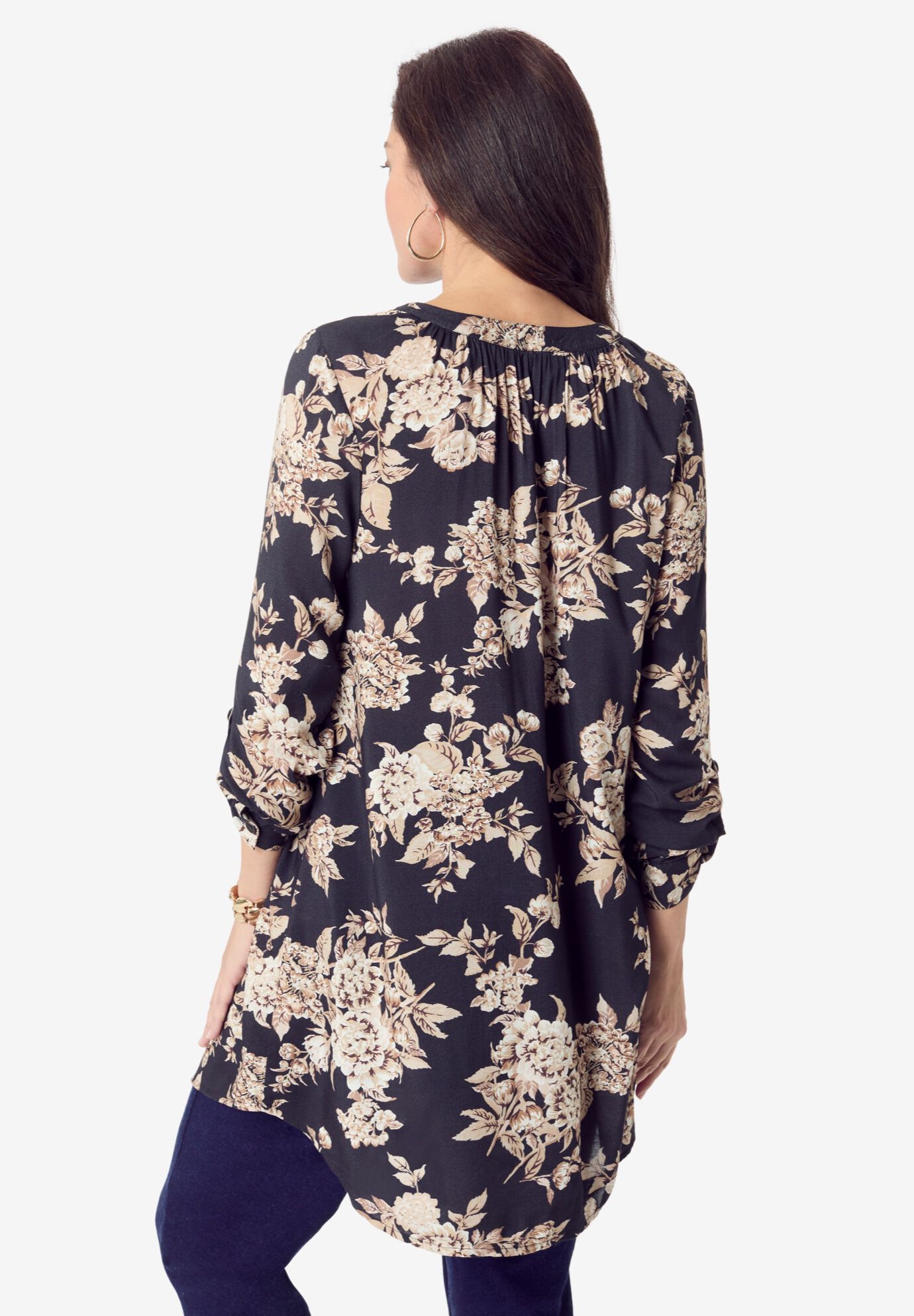 Button Down Y Neck Tunic, BLACK ETERNAL BLOOM, on-hover image number 1