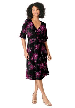 Plus Size Short Sleeve Wrap Fit and Flare Dress