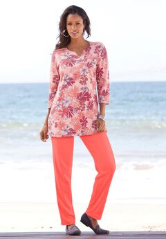 Plus Size Three-Quarter Sleeve Notch Neck Soft Knit Tunic