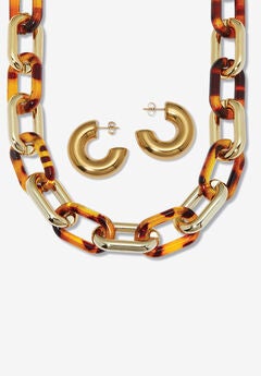 Acrylic Link Necklace Black and Gold Ion-Plated Stainless Steel Earrings Set