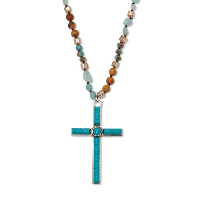 Round Genuine Turquoise Silvertone Beaded Cross Necklace 34-inch, GREEN, hi-res image number null