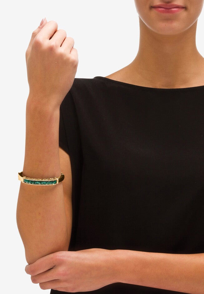 3.24 Cttw. Round Pave Simulated Emerald Goldtone Bangle Bracelet 8 inches, , alternate image number 2