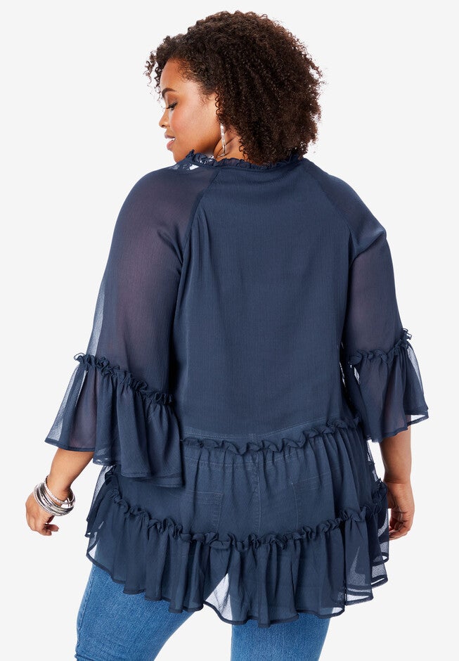 Tiered Ruffle Tunic with Bell Sleeves, , on-hover image number 1