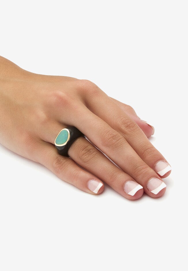 Genuine Blue Opal And Black Jade 10K Yellow Gold Bezel-Set Cabochon Ring, , alternate image number 2