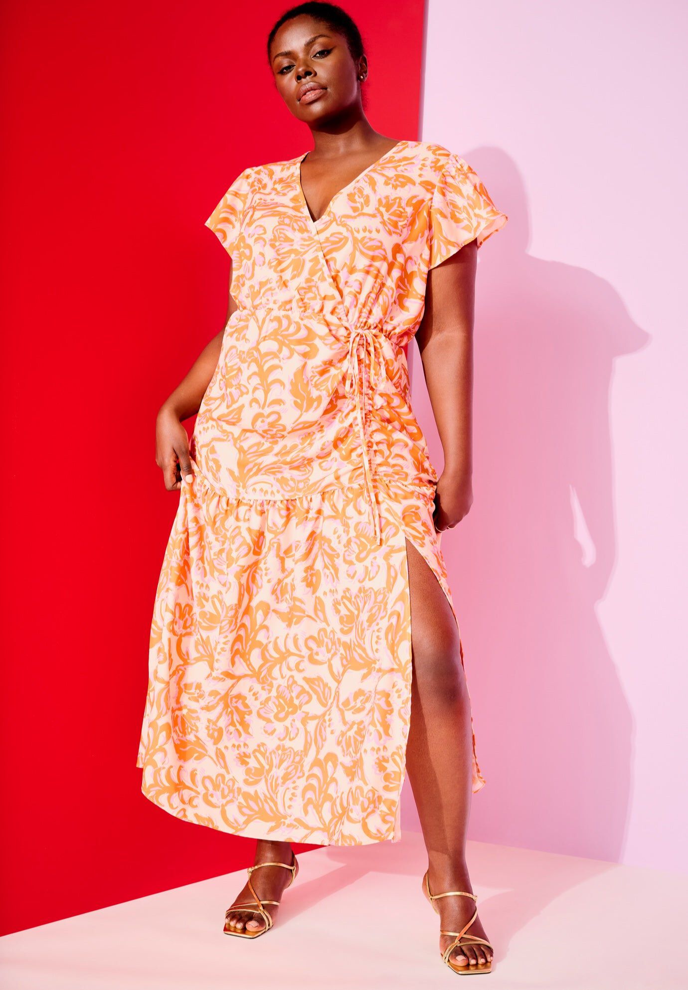 Faux-Wrap Maxi Dress, BOUQUET ORANGE, hi-res image number 0