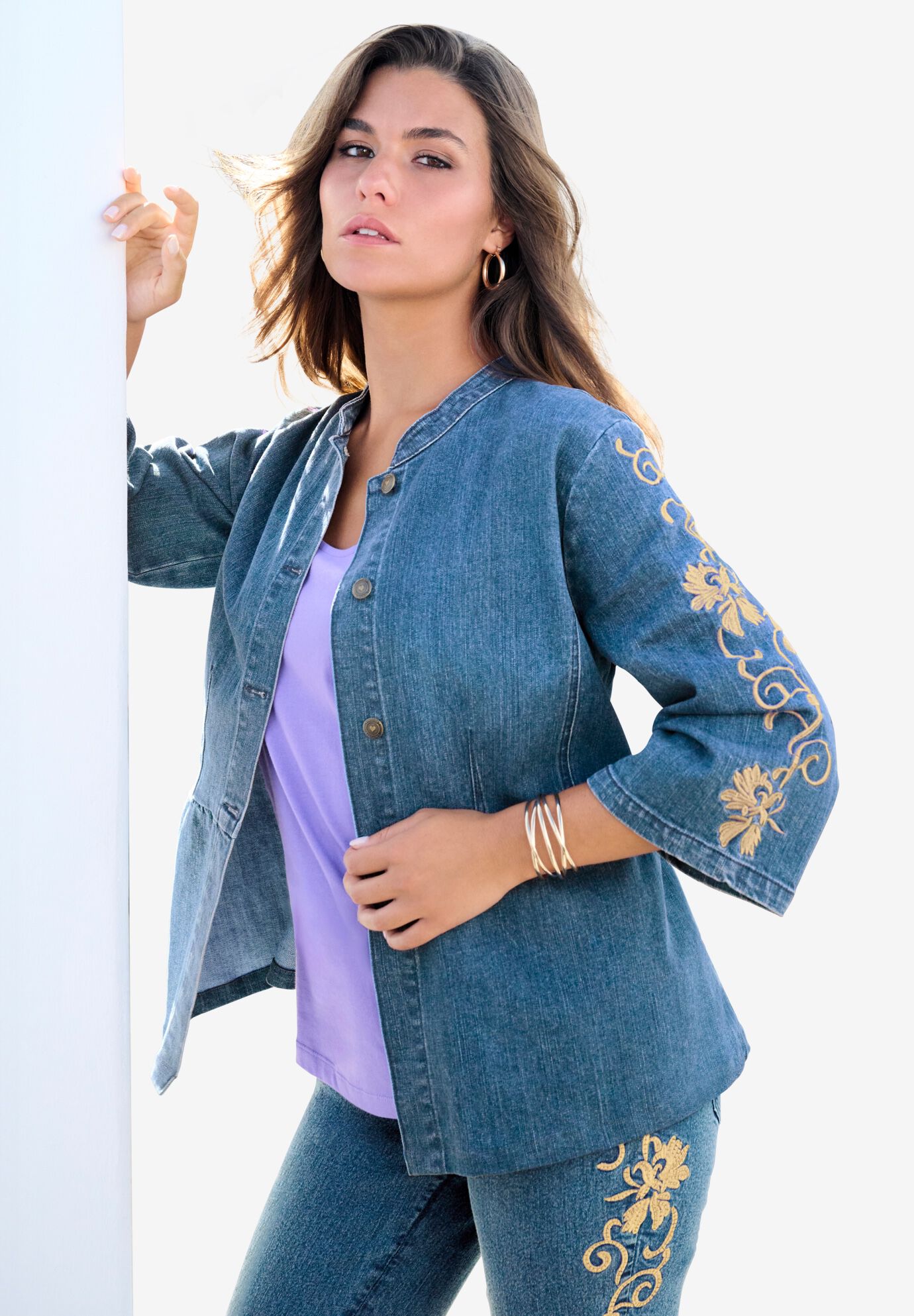 Embroidered Button Front Peplum Denim Jacket, , on-hover image number 1