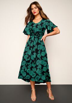 Plus Size Flutter Sleeve V-Neck Fit and Flare Bi-stretch Maxi Dress