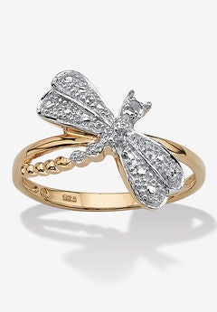 Diamond Accent 18K Gold-Plated Sterling Silver Dragonfly Ring
