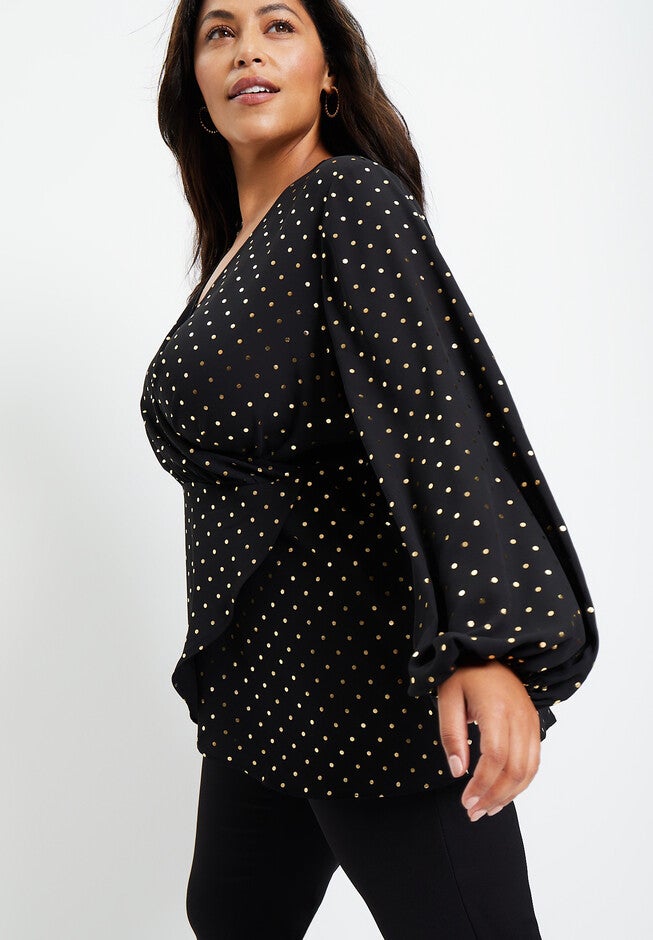 Faux-Wrap Blouson-Sleeve Top, , alternate image number null