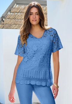 Plus Size Medallion Pattern French Crochet Sweater Top