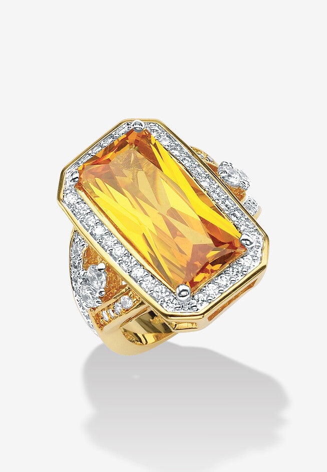 19.52 Tcw Emerald-Cut Yellow Cz Halo Cocktail Ring Yellow Gold-Plated, , alternate image number 3