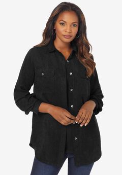 Extended Plus Size Faux Suede Button-Front Shirt
