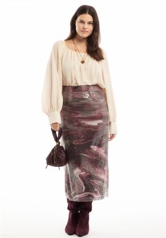 Sequined Mesh Column Midi Skirt