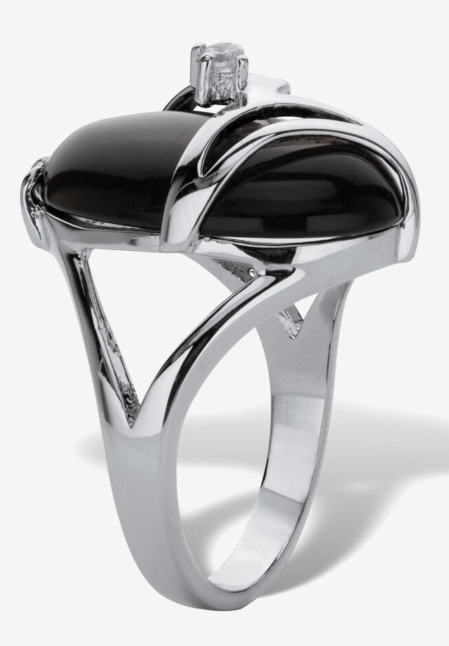 Oval-Shaped Onyx & Crystal Accent Cocktail Ring In Platinum-Plated, , on-hover image number 1