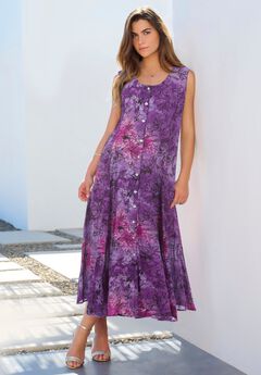 Plus Size Sleveless Hand-Crinkled Button-Front A-Line Maxi – Curvy Breezy Dress