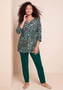 Plus Size Three-Quarter Sleeve Notch Neck Soft Knit Tunic