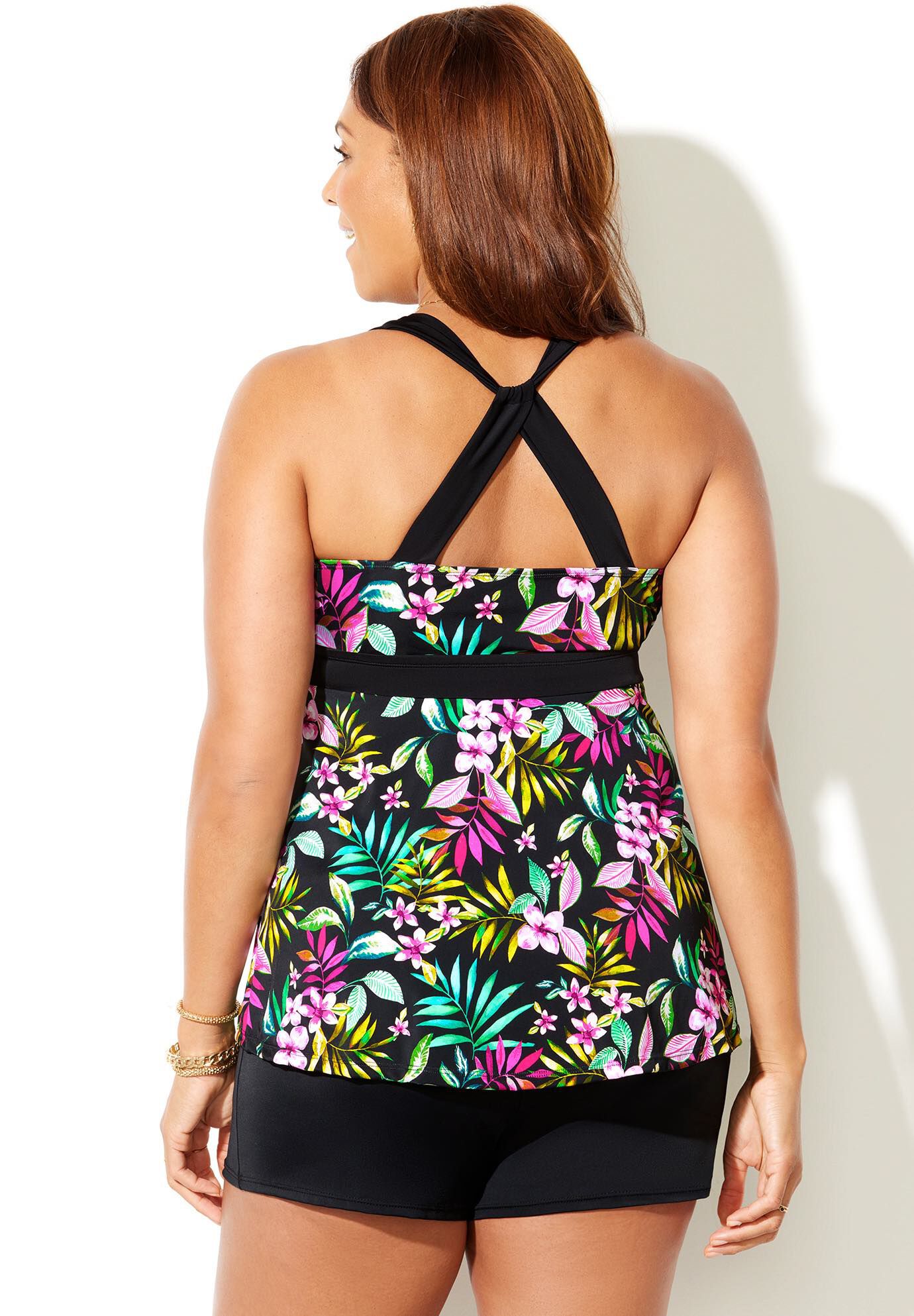 Longer Length Surplice Tankini Set with Banded Short, , on-hover image number null