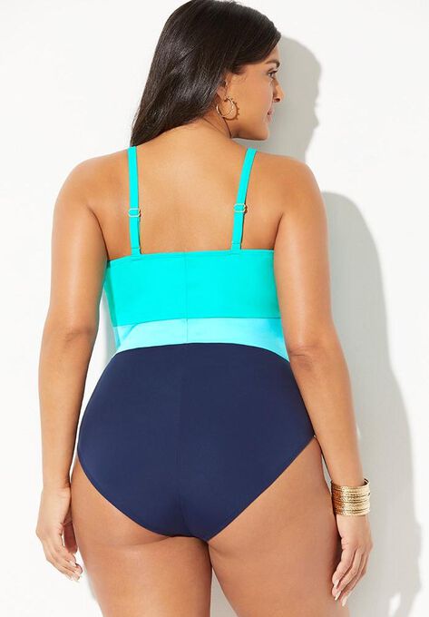 Colorblock V-Neck One Piece Swimsuit, , on-hover image number null