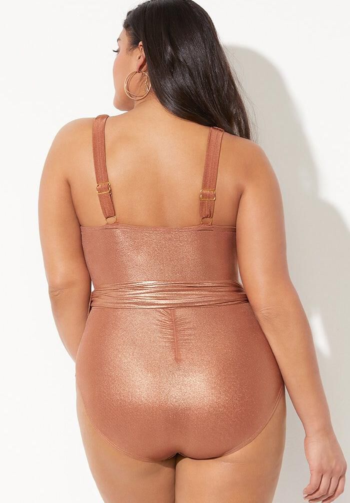 Tie Front Cup Sized Underwire One Piece Swimsuit, BROWN SUGAR, on-hover image number 1
