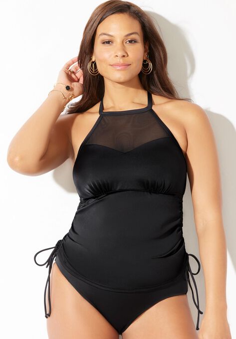 Adjustable High Neck Mesh Tankini Top, BLACK, hi-res image number null