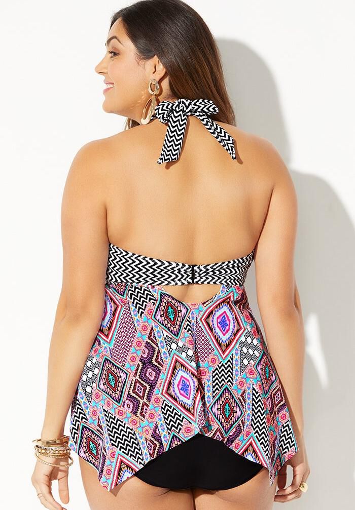 Bow Handkerchief Halter Tankini Top, PINK DIAGONAL, on-hover image number 1