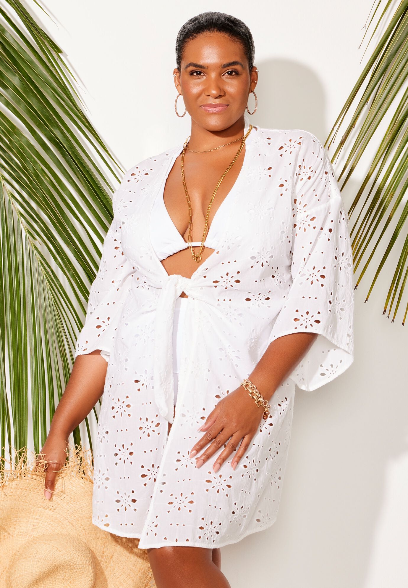 Open Front Eyelet Tunic Cover Up, WHITE, alternate image number 3