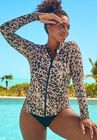 Chlorine Resistant Zip Up Swim Shirt, LEOPARD, hi-res image number null