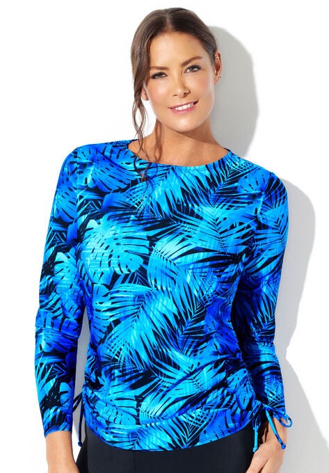 Chlorine Resistant Side-Tie Adjustable Long Sleeve Swim Tee, BLUE ELECTRIC PALM, hi-res image number null