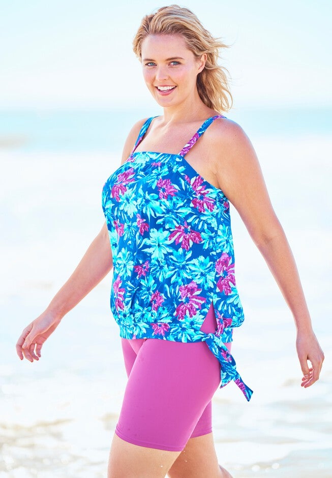 Blouson Tankini Top with Adjustable Straps, BLUE PAINTERLY FLORAL, hi-res image number 0