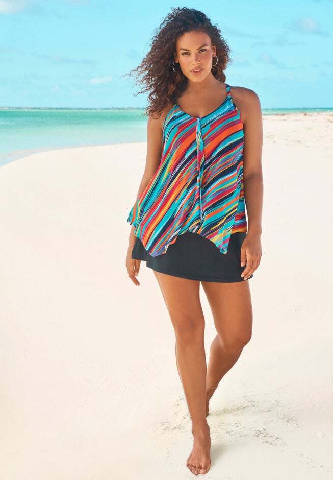 Long Drape-Front Tankini Top, YELLOW PAINTERLY STRIPES, hi-res image number null