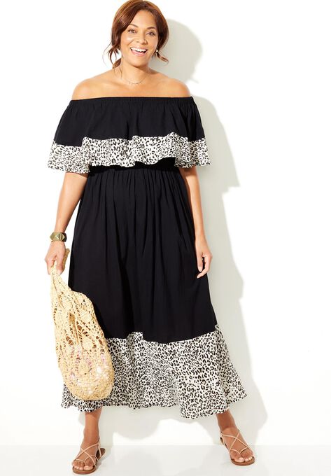 Mia Off the Shoulder Maxi Dress, BLACK LEOPARD, hi-res image number null