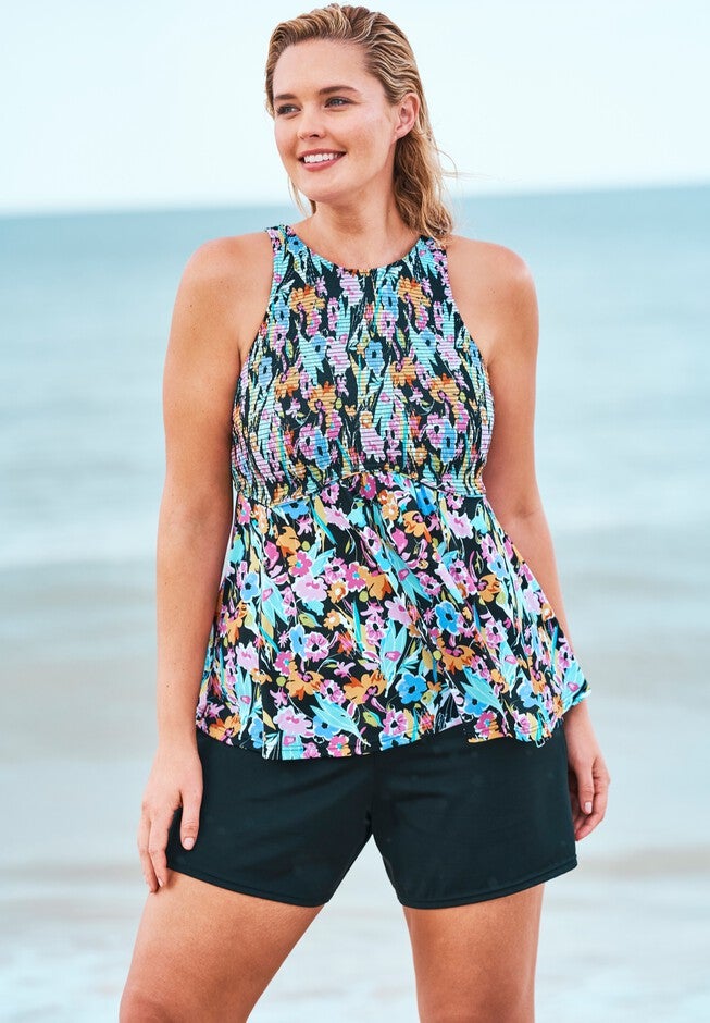Smocked High-Neck Tankini Top by Fit 4 U®, SUMMER BREEZE FLORAL, hi-res image number null