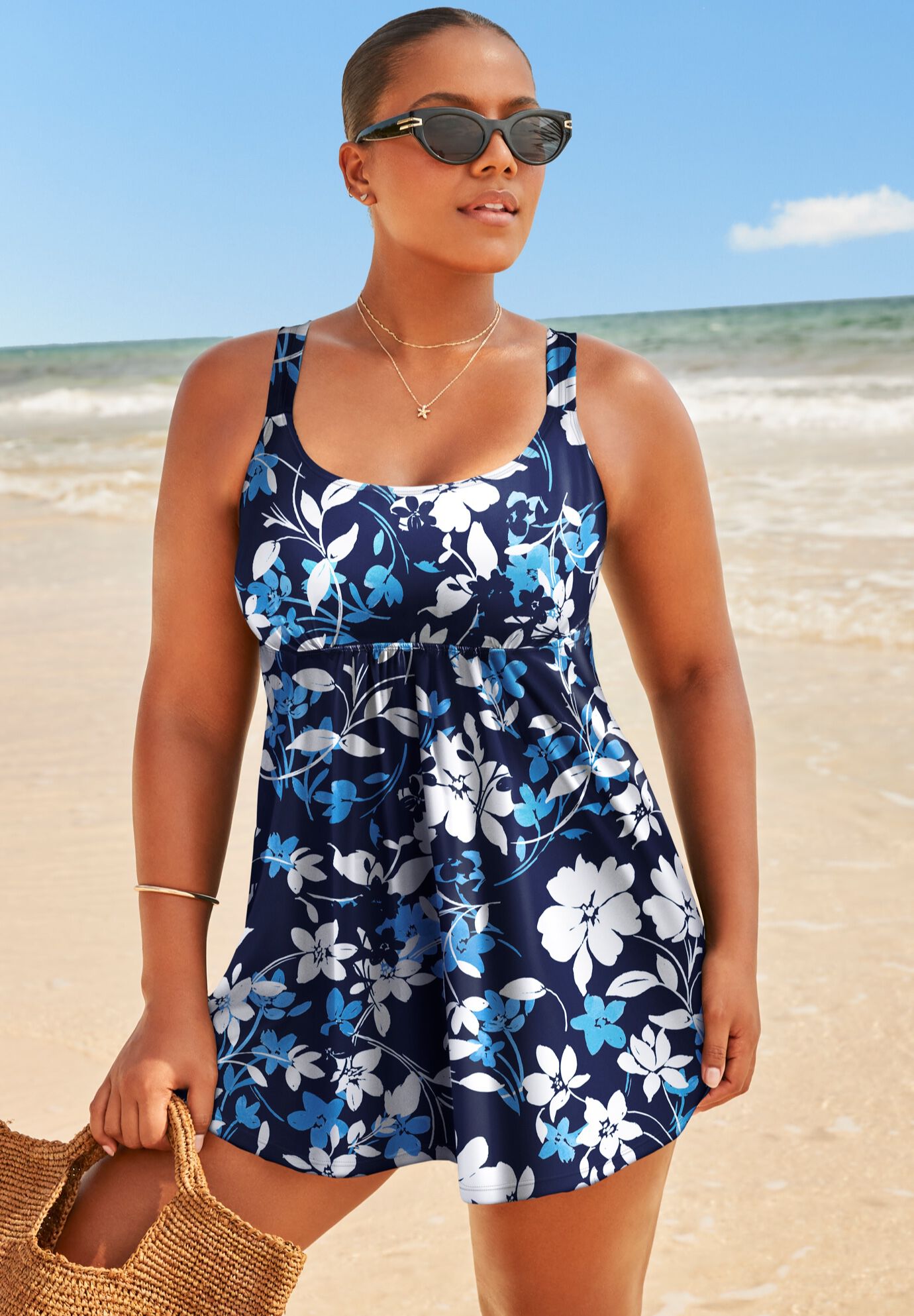 Flared Two-Piece Swimdress, TRI COLOR FLORAL, hi-res image number 0