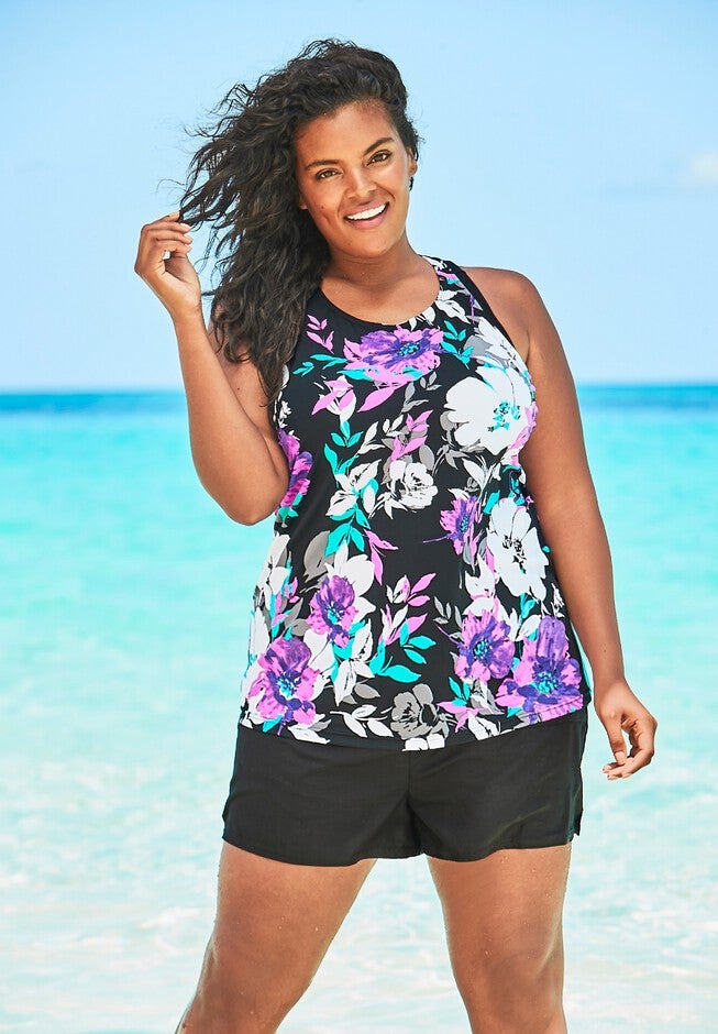 Racerback Tankini Top, PINK GRAPHIC PEONY, hi-res image number null