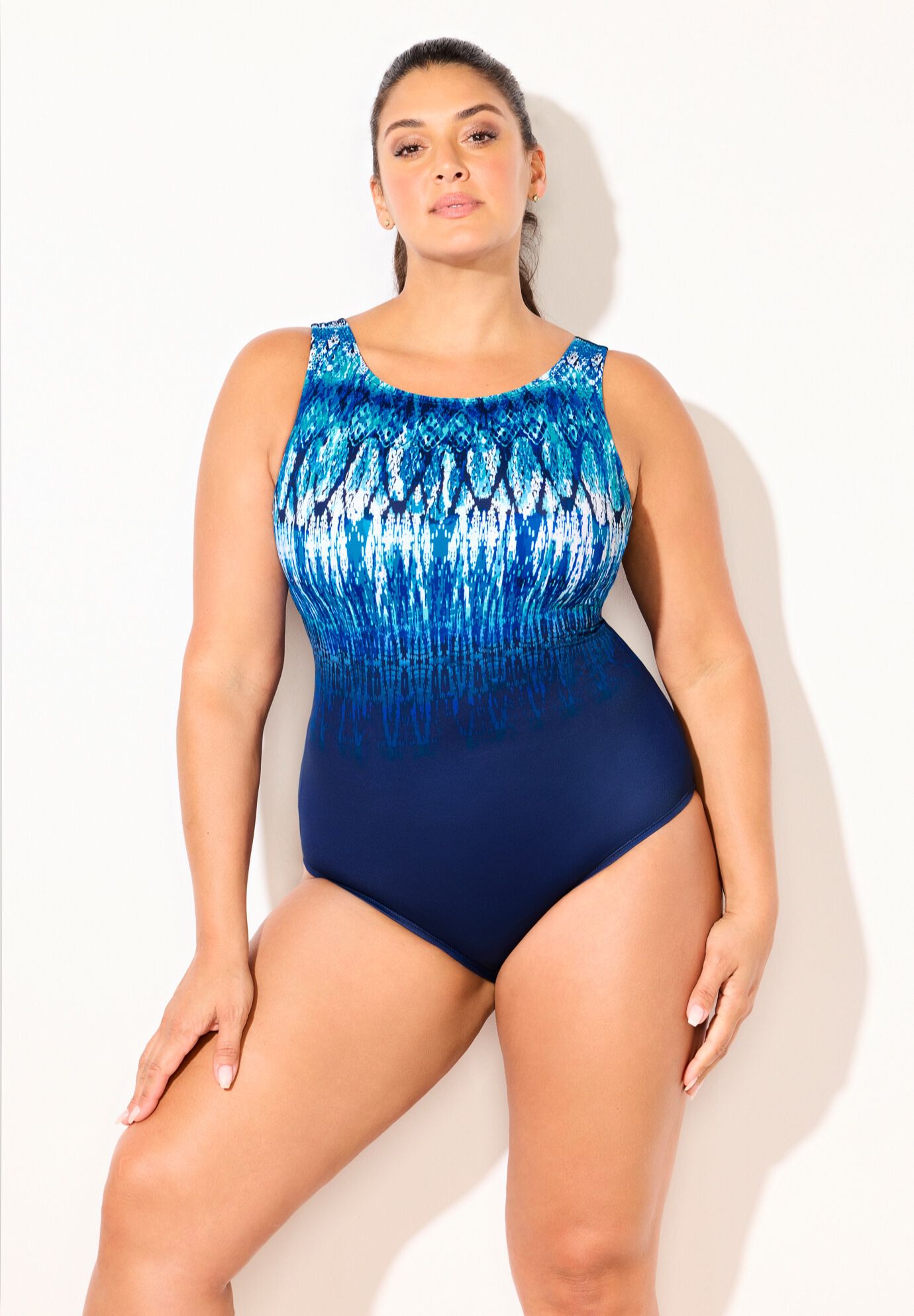 Chlorine Resistant High Neck Tummy Control One Piece Swimsuit, BLUE AZTEC, alternate image number 3
