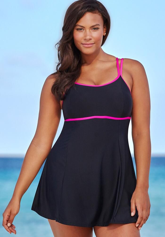 Fashionable Lingerie Strap Swimdress, Black Bright Royal | Roaman's