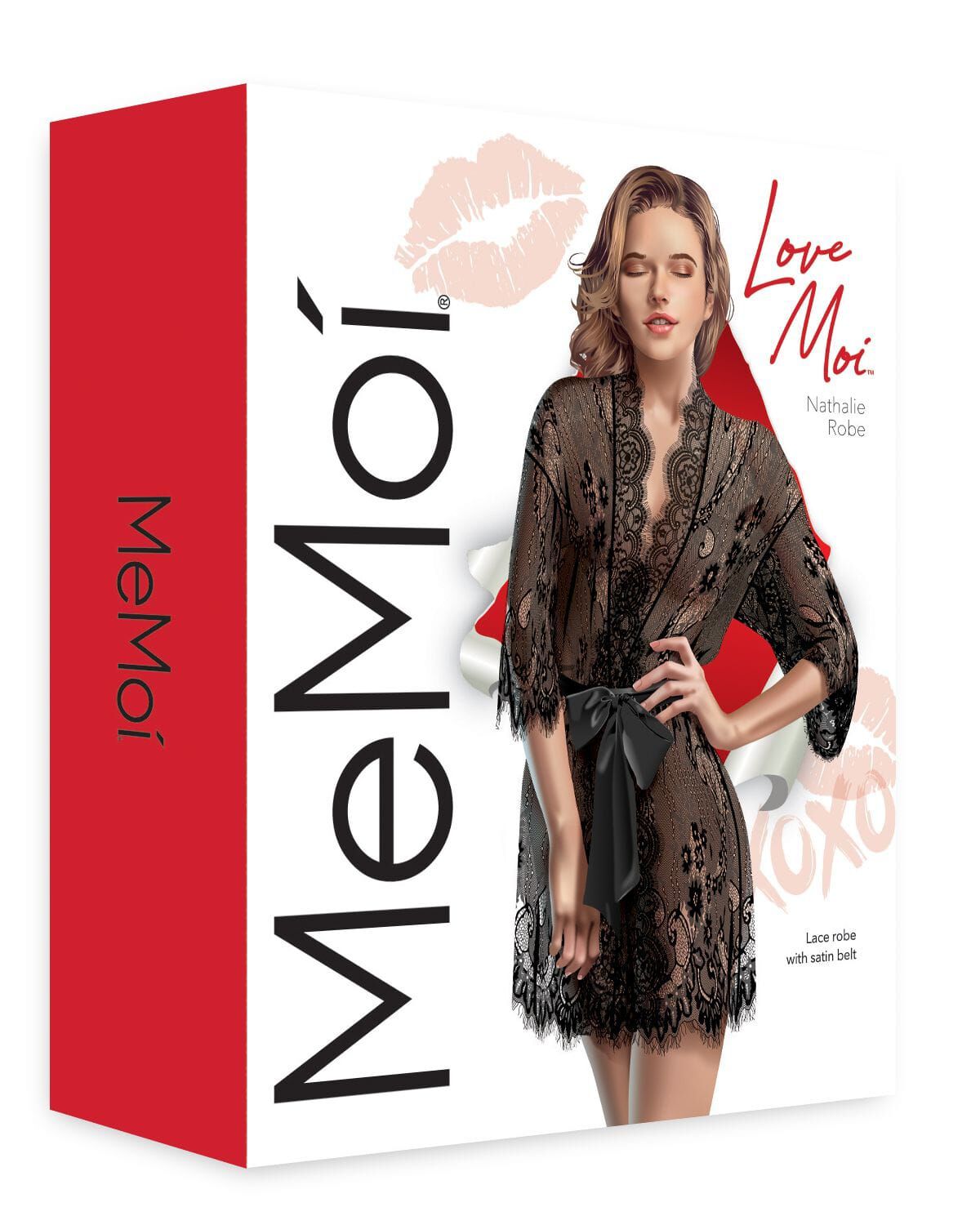 Women's Nathalie Allover Lace Kimono-Style Robe with Satin Belt, BLACK, alternate image number 3