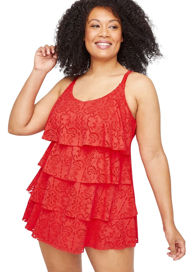 Crochet Flounce Swimdress, RED, hi-res image number 0