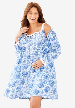 Short 2-Piece Cabbage-Rose Peignoir Set