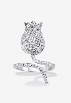 Platinum-Plated Round Flower Wraparound Ring Cubic Zirconia