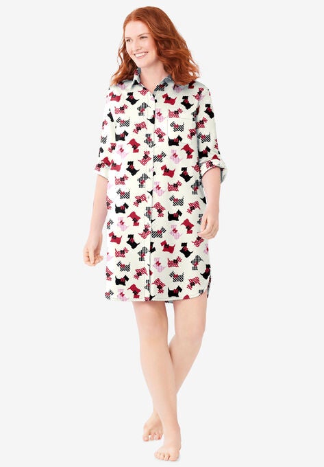 Sleepshirt in plaid flannel with button front, IVORY SCOTTIES, hi-res image number null