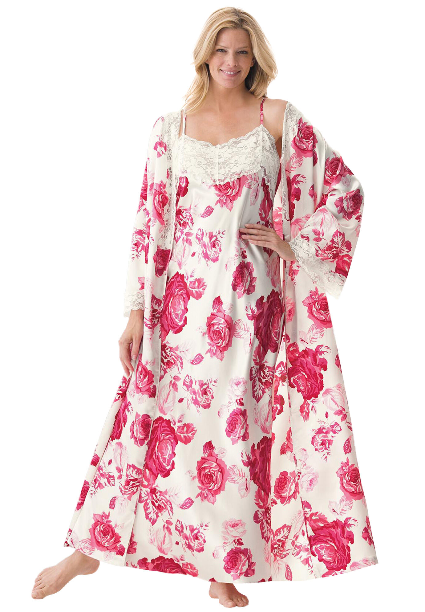 3X Ivory Roses Amoureuse Womens Plus Size The Luxe Satin Long Peignoir Set Pajamas 