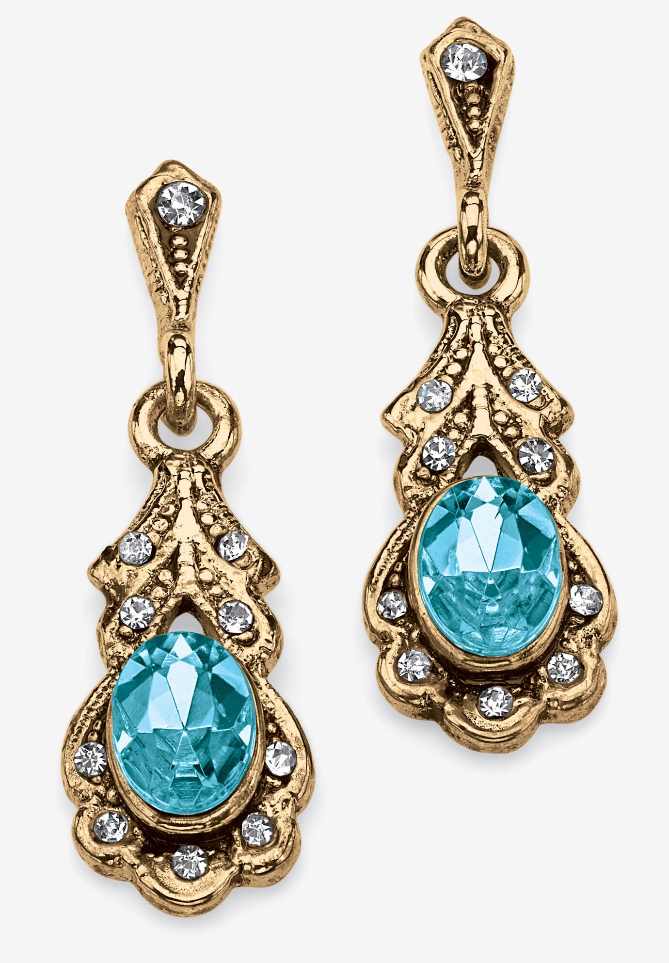 Gold Tone Antiqued Oval Cut Simulated Birthstone Vintage Style Drop Earrings, DECEMBER, hi-res image number 0