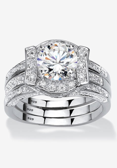 Cubic Zirconia Round Bridal Ring Set in Platinum over Sterling Silver, SILVER, hi-res image number null