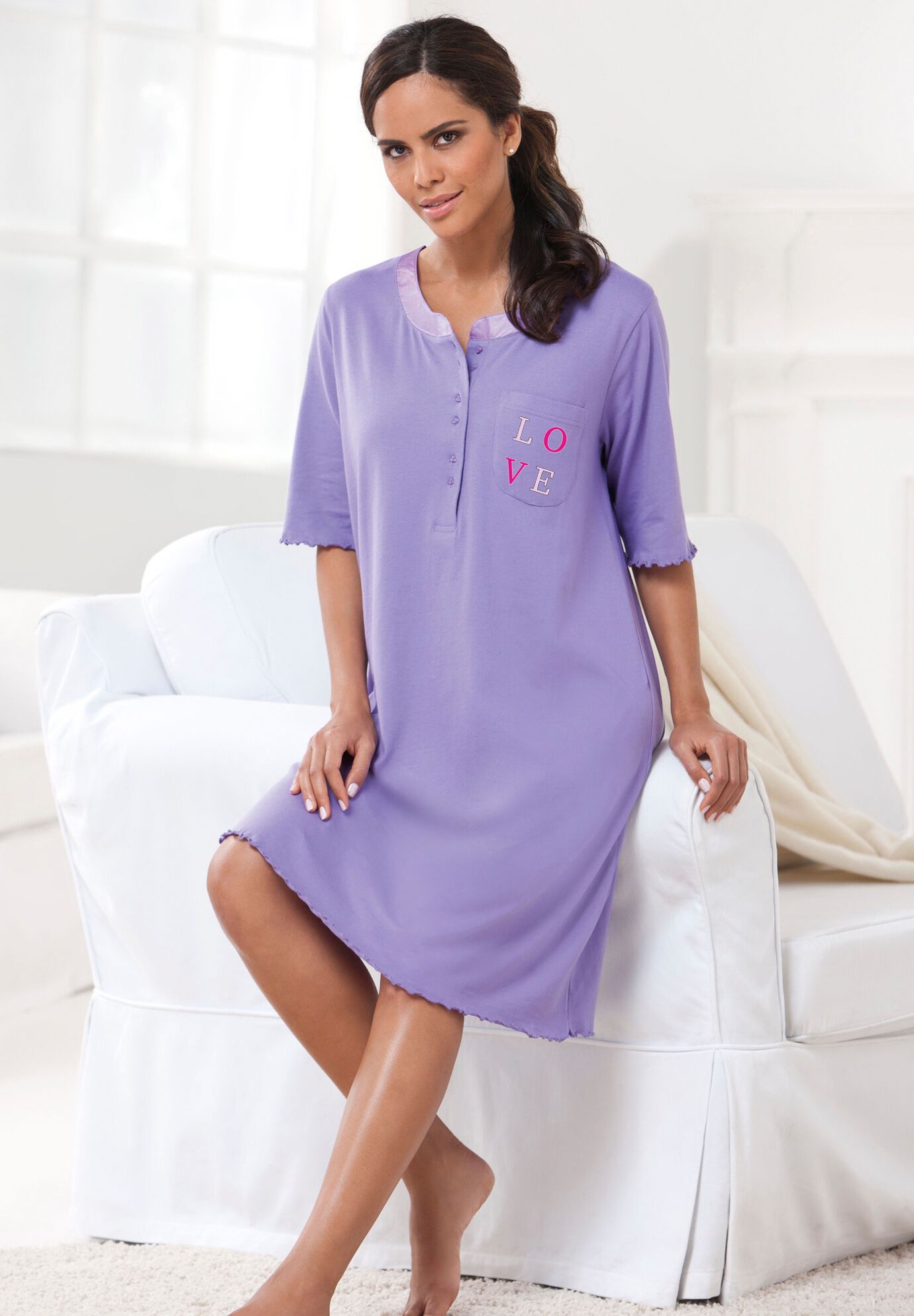 Satin Trim Cotton Sleepshirt, , alternate image number 4