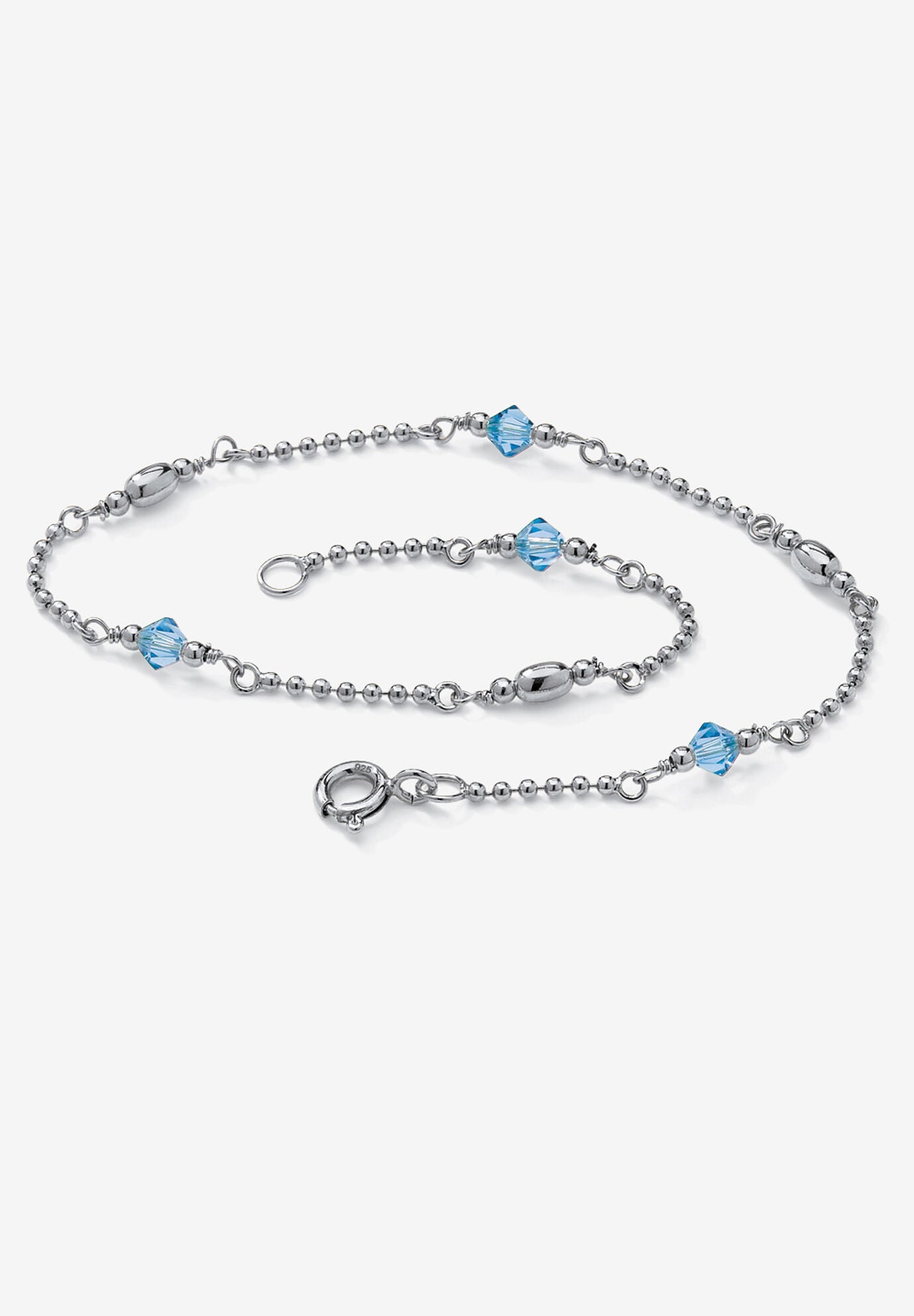 Platinum Plated Silver Ankle Bracelet (2Mm), Round Simulated Birthstone 11 Inches, MARCH, hi-res image number 0