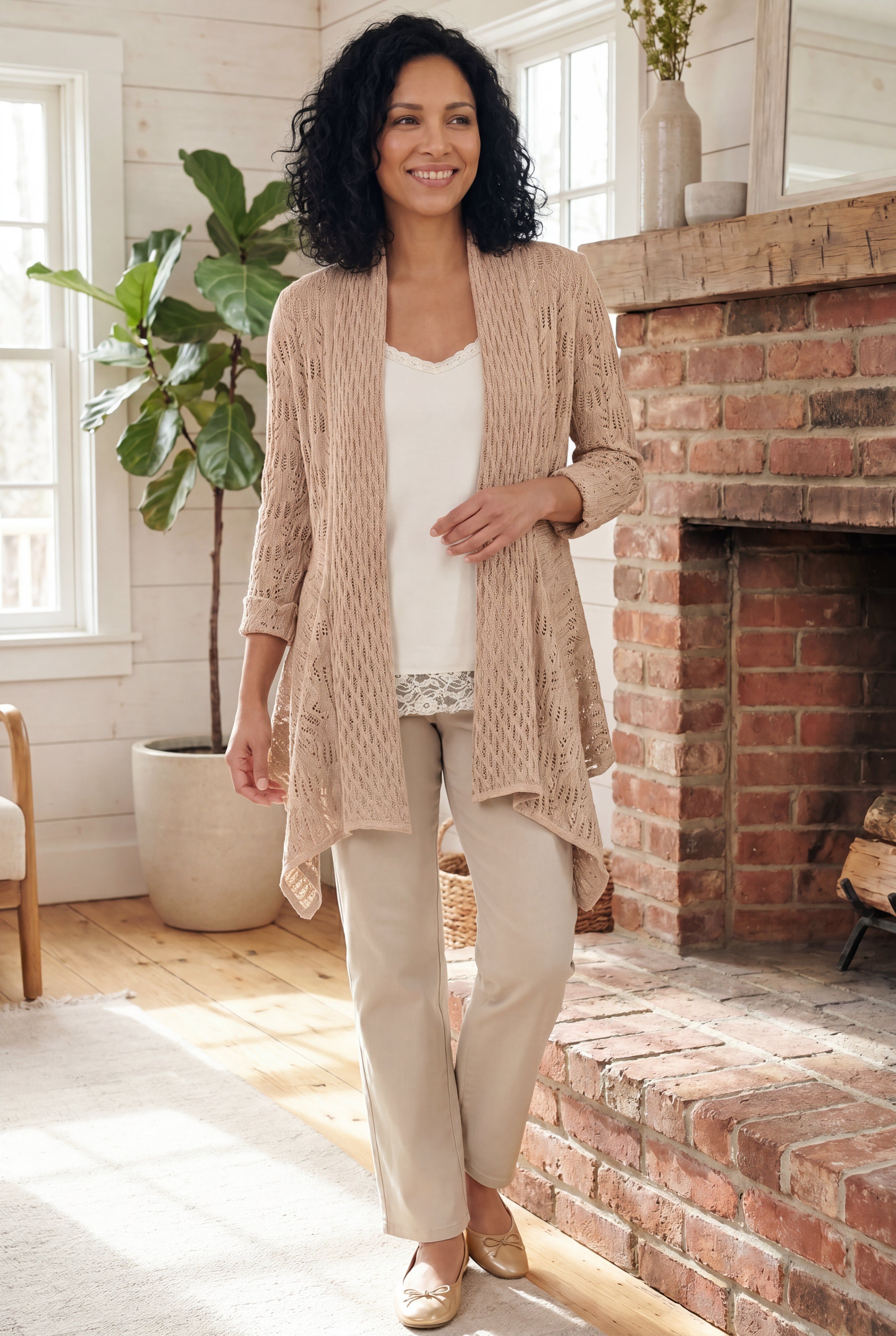 Open Front Pointelle Cardigan Sweater
