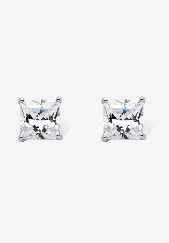 Sterling Silver Stud Princess Cut Simulated Birthstone Stud Earrings, APRIL, hi-res image number 0